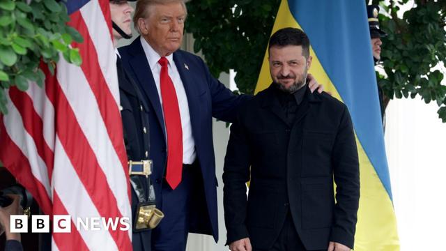 President Donald Trump greets Ukrainian President Volodymyr Zelensky and puts an arm around him.
