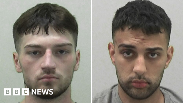 A composite of the men's mugshots. Reece Parish (on the left) has short, dark brown hair and facial hair He is looking blankly into the camera. Sam Asgari-Tabar has short black hair and facial hair. His head is tilted forward and he is slightly frowning.
