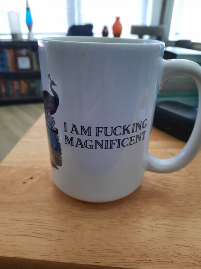 Large white coffee mug with a black drawing of a peacock. Next to it is an inscription that reads "I am fucking magnificent".